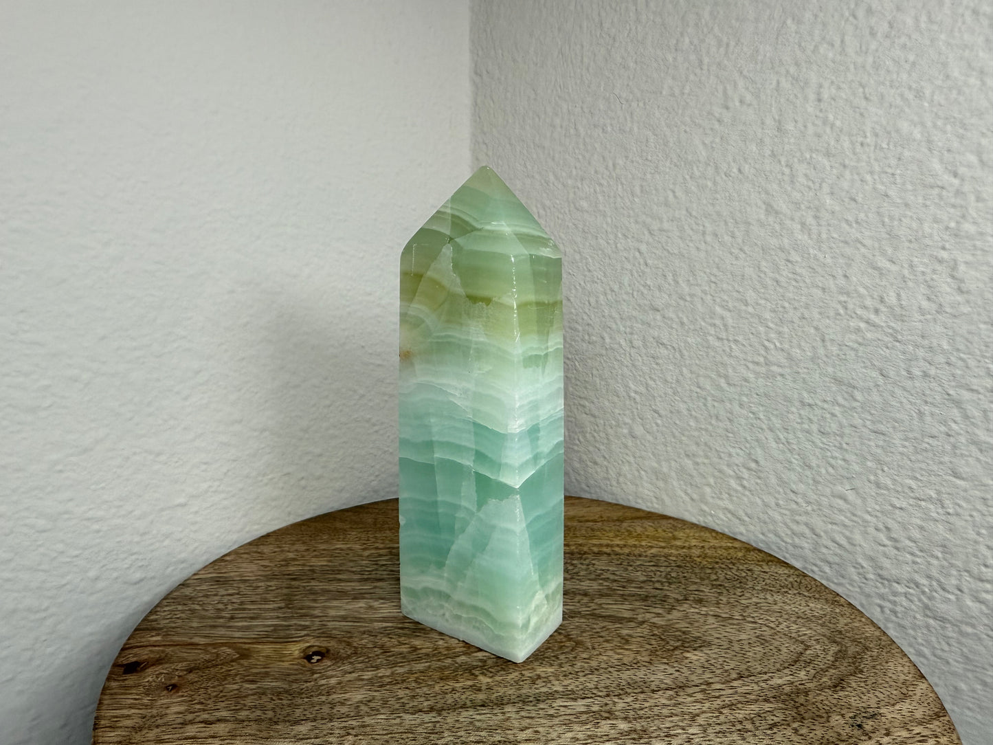 Banded Green Calcite Tower (290g) (Imperfect Corner/Tip)