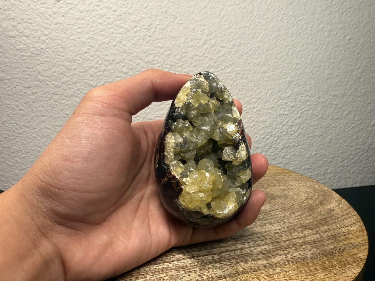 Septarian "Dragon Egg" Nodule with Green Calcite Inclusion (380g)