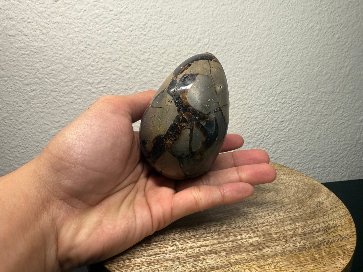 Septarian "Dragon Egg" Nodule with Green Calcite Inclusion (380g)
